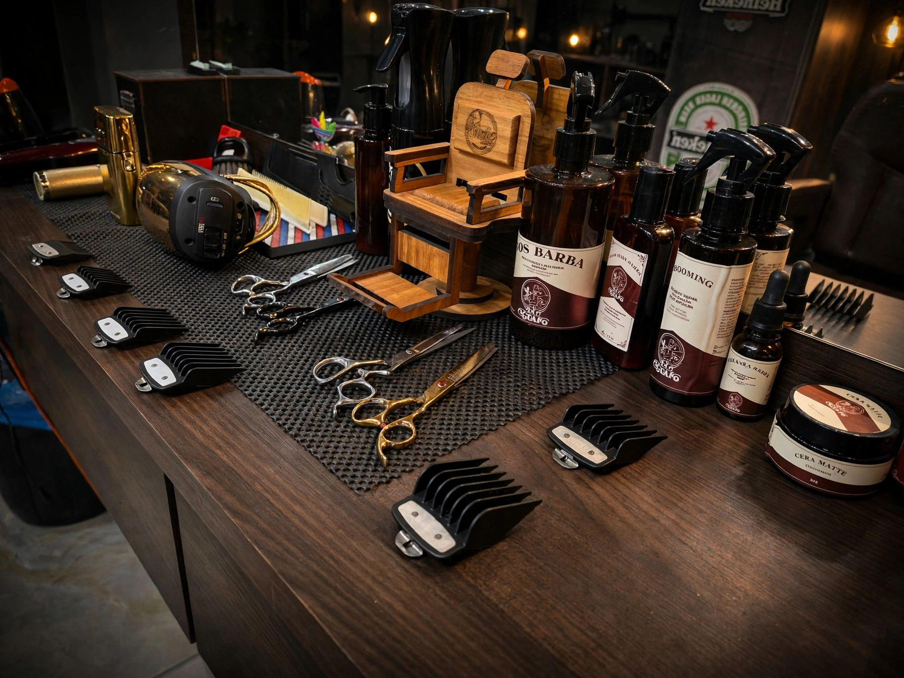 Ferramentas e produtos utilizados na Elvis Esser Barber Shop